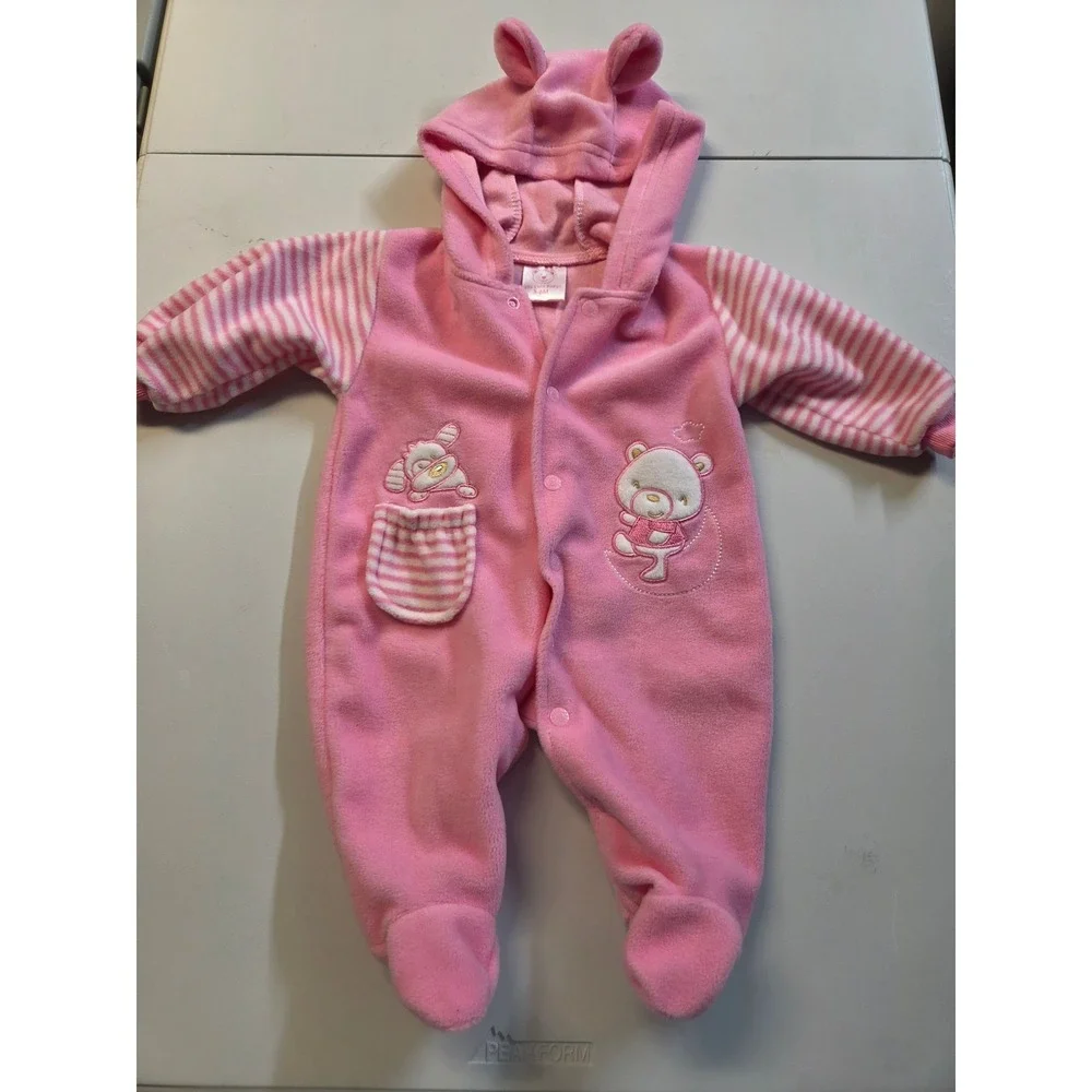 The Cute Babys Pink Fleece Bear Footed Hooded Sleeper 3-6M Striped Sleeves